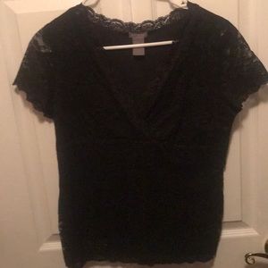 Ann Taylor Black V-Neck Black Lace Top Size M